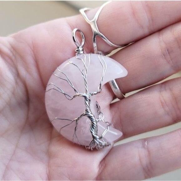 Rose Quartz ✦ Moon Crystal Necklace ✦ Wire‑Wrapped Tree of Life Pendant NWT - Picture 3 of 11